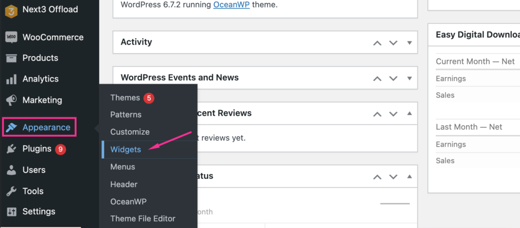 go to appearance and then widget tab to start adding search bar to your wordpress site. 